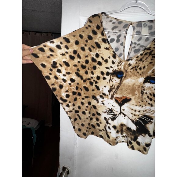 Wild Cheetah Print V-Neck Top With Dramatic Sleeves Medium Sexy 80's Club‎ Sexy - Picture 2 of 7
